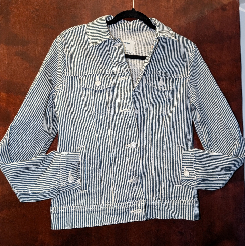 Old Navy Blue and White Striped Jean Jacket